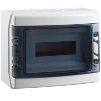 Garo GCUT112 IP65 Enclosure – 12-module weatherproof board with hinged transparent door and dual DIN rail positions.