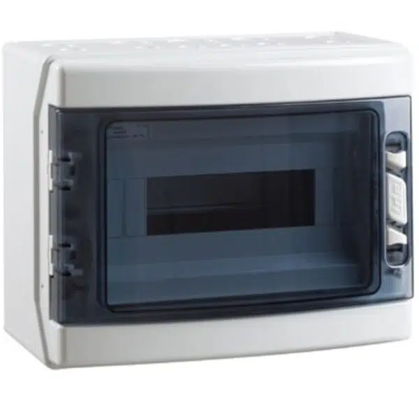 Garo GCUT112 IP65 Enclosure – 12-module weatherproof board with hinged transparent door and dual DIN rail positions.
