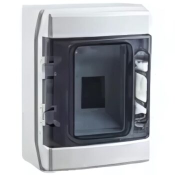 Garo GCUT4 4-module IP65-rated electrical enclosure with transparent UV-resistant door, impact-resistant housing, and flexible internal DIN mounting.