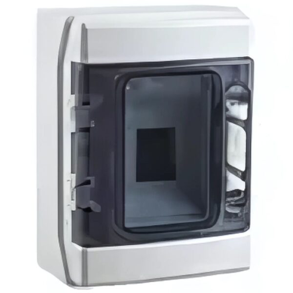 Garo GCUT4 4-module IP65-rated electrical enclosure with transparent UV-resistant door, impact-resistant housing, and flexible internal DIN mounting.