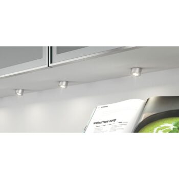 Häfele Loox5 83372085 chrome LED spot light, Ø35mm, 3000K warm white, IP44 rated for recessed bathroom or furniture installation.