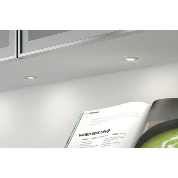 Häfele Loox5 83372085 chrome LED spot light, Ø35mm, 3000K warm white, IP44 rated for recessed bathroom or furniture installation.