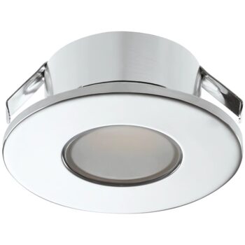 Häfele Loox5 83372085 chrome LED spot light, Ø35mm, 3000K warm white, IP44 rated for recessed bathroom or furniture installation.