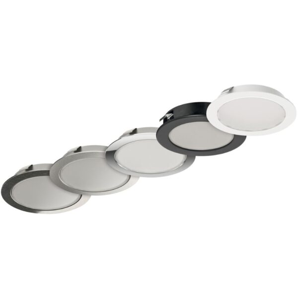 Hafele Loox5 2047 5000K 12V silver recessed LED downlight with frosted glass diffuser, ideal for modern furniture lighting.