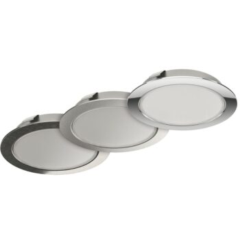 Hafele Loox5 2047 5000K 12V silver recessed LED downlight with frosted glass diffuser, ideal for modern furniture lighting.