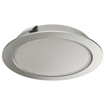 Hafele Loox5 2047 5000K 12V silver recessed LED downlight with frosted glass diffuser, ideal for modern furniture lighting.