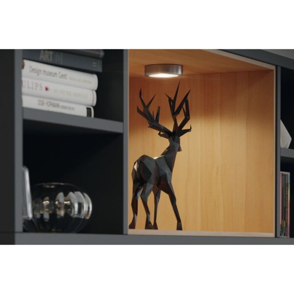 Hafele Loox5 2047 5000K 12V silver recessed LED downlight with frosted glass diffuser, ideal for modern furniture lighting.