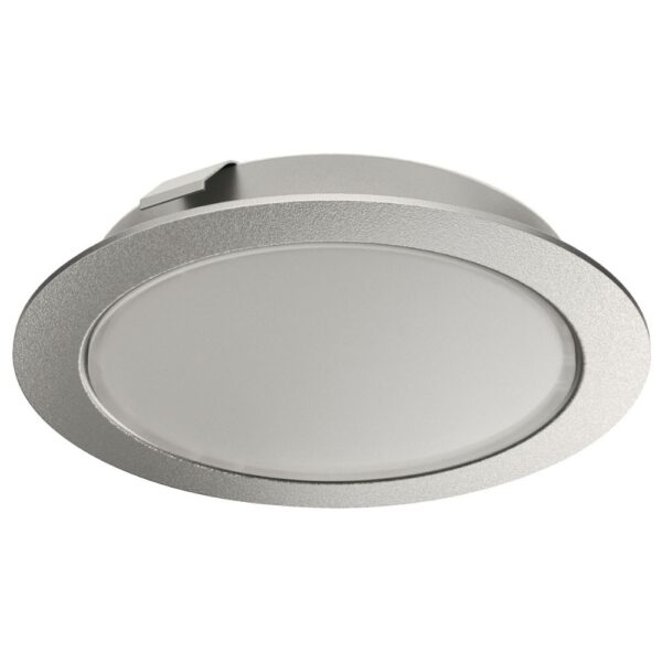 Hafele Loox5 2047 5000K 12V silver recessed LED downlight with frosted glass diffuser, ideal for modern furniture lighting.
