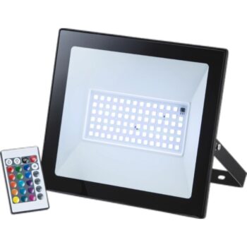 Knightsbridge FLG50RGB 50W RGB LED Floodlight – IP65 outdoor-rated black unit delivering vibrant multicolour lighting for gardens, events, and façades.