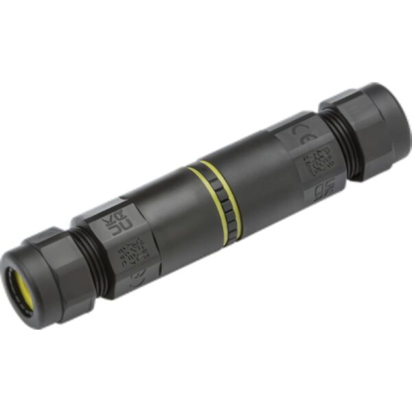 Knightsbridge JB0013 IP68 3 pole waterproof inline connector, black, with compression gland and lever terminals for tool-free cable joining.