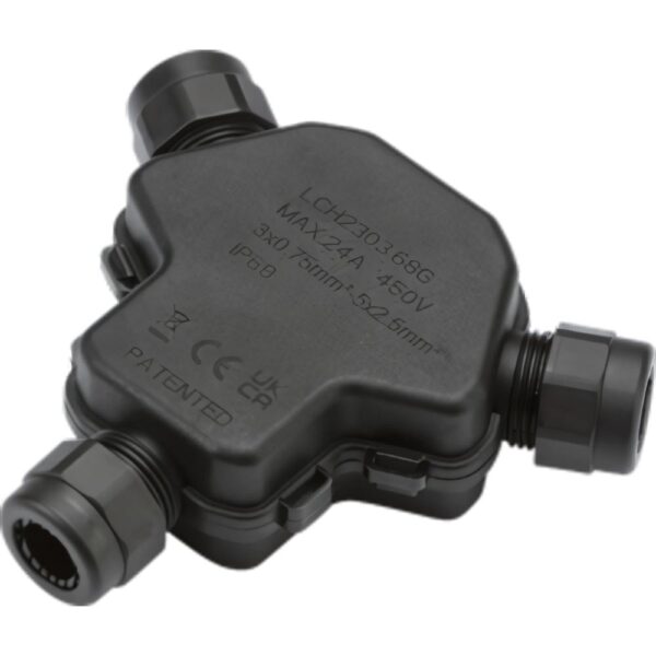 Knightsbridge JB0014 3-way IP68 gel-filled cable connector with lever terminals for safe outdoor electrical joins.