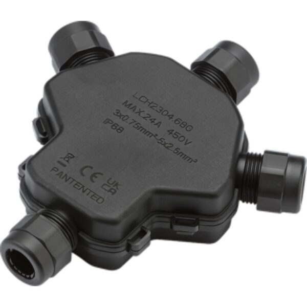 Knightsbridge JB0015 IP68-rated 4-way gel-filled connector with lever terminals for weatherproof cable joining outdoors.
