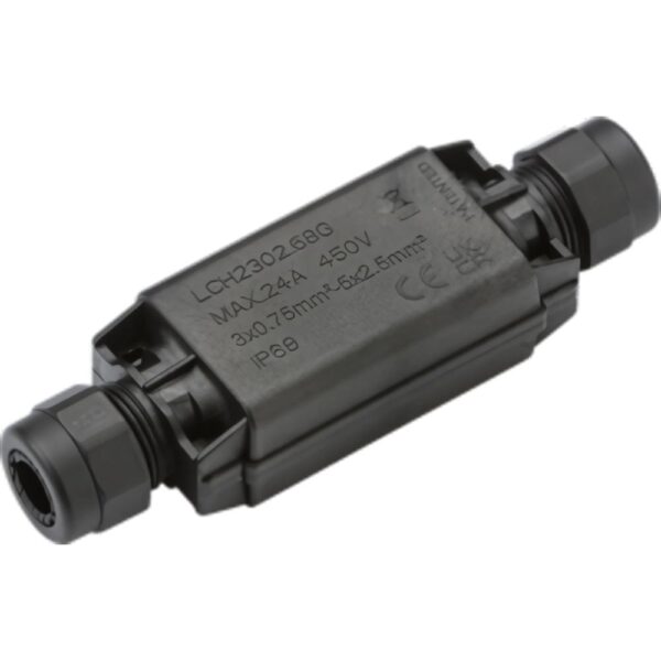 Knightsbridge JB0016 IP68 24A gel-filled connector – inline weatherproof box with lever terminal block for outdoor and garden electrical joints.