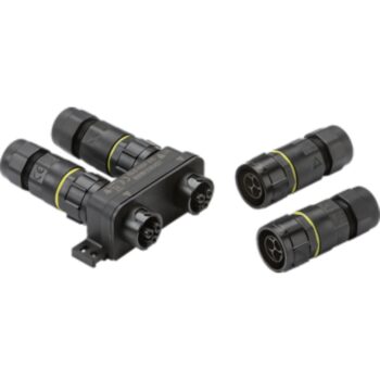 Knightsbridge JB0018 black IP68 24A weatherproof hub with 1 inlet and 3 outlets, featuring a plug-and-socket design for fast outdoor installation.