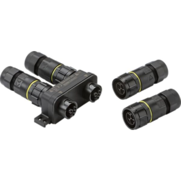 Knightsbridge JB0018 black IP68 24A weatherproof hub with 1 inlet and 3 outlets, featuring a plug-and-socket design for fast outdoor installation.