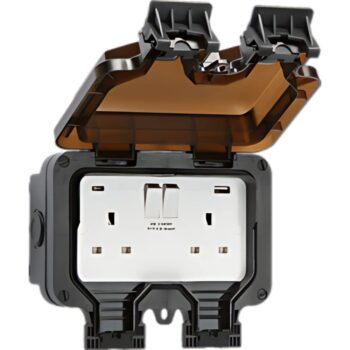 Knightsbridge OP94 2 gang outdoor socket with IP66 seal, dual USB ports (A & C), and 13A switched sockets – ideal for garden and exterior power access.