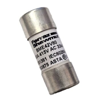 Niglon FLC80 80A Type ME fuse for 415V three-phase systems, BS1361 compliant, compact design for standard carriers.