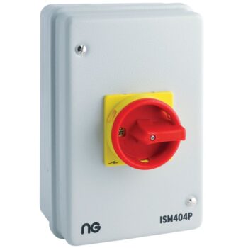 Niglon ISM404P Metalclad 40A 4P rotary isolator – dust and splash-resistant switch for local isolation in electrical installations.