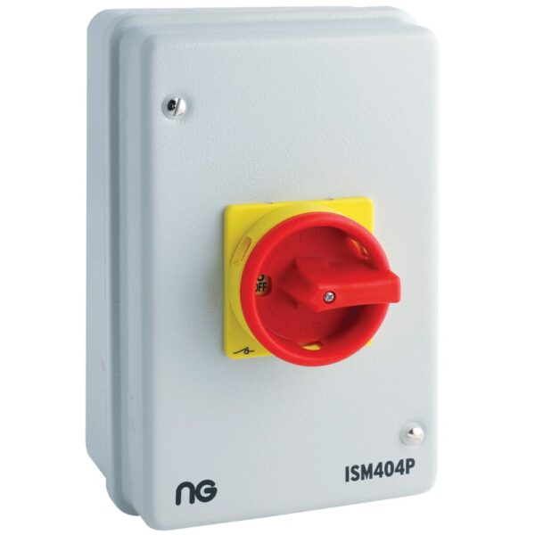 Niglon ISM404P Metalclad 40A 4P rotary isolator – dust and splash-resistant switch for local isolation in electrical installations.