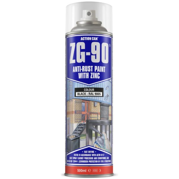 Can of Olympic Fixing ZG-90 Black Anti-Rust Paint with zinc – used for protecting steel and metal surfaces from corrosion.