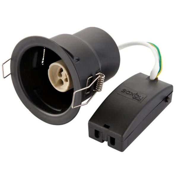 ShieldONE 65 GU10 downlight by Saxby – fire-rated recessed ceiling light with dimming support, IP65 rating, and interchangeable bezels.