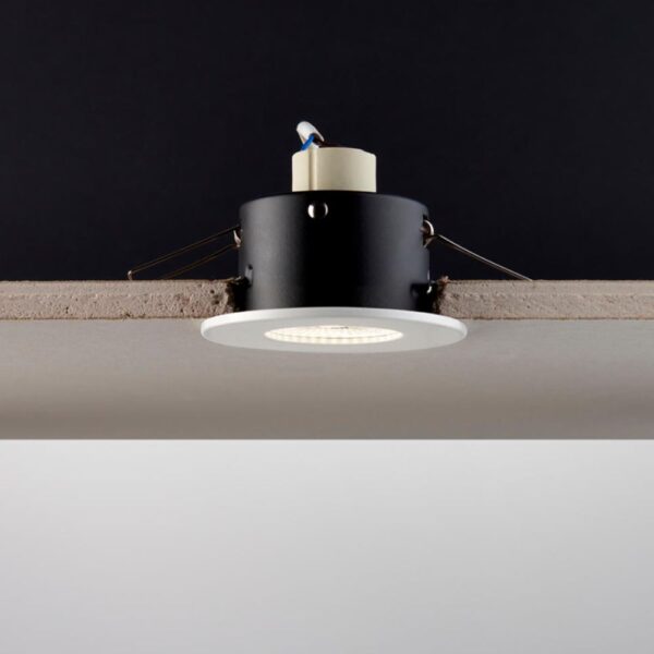 Saxby ShieldONE 65 fire-rated open GU10 downlight in white steel – open-can design with 30, 60, 90-minute ceiling fire protection