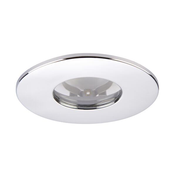 Saxby ShieldONE 75 IP65 Fixed Chrome Bezel for GU10 downlights – bathroom-rated with modern finish.