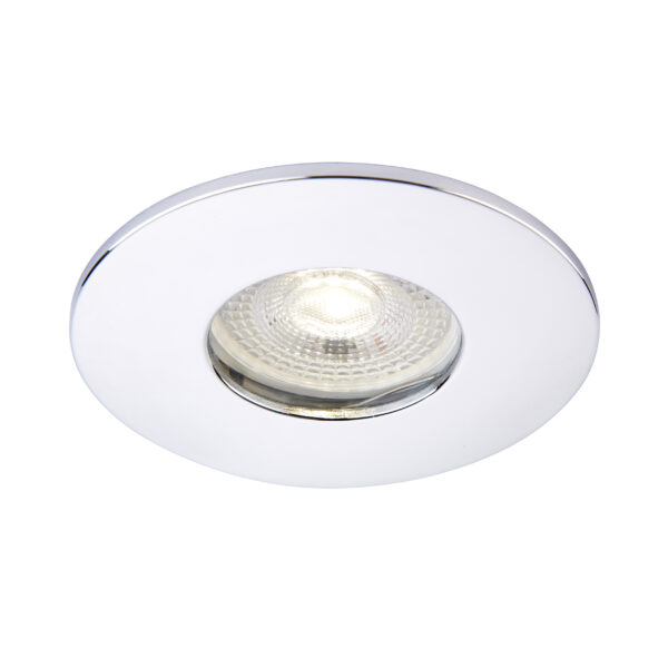 Saxby ShieldONE 75 IP65 Fixed Chrome Bezel for GU10 downlights – bathroom-rated with modern finish.