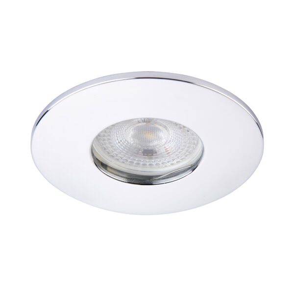 Saxby ShieldONE 75 IP65 Fixed Chrome Bezel for GU10 downlights – bathroom-rated with modern finish.