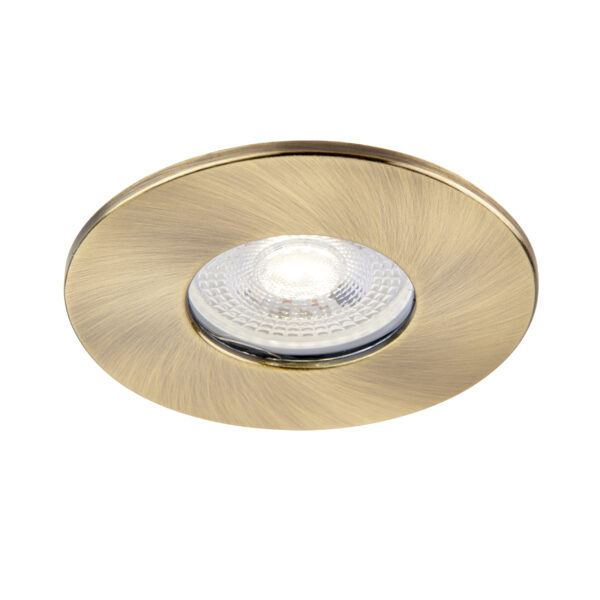 Antique brass bezel for Saxby ShieldONE 75 downlights – IP65-rated finish for bathroom and wet room installations.
