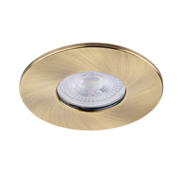 Antique brass bezel for Saxby ShieldONE 75 downlights – IP65-rated finish for bathroom and wet room installations.
