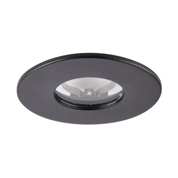 Black IP65 bezel for Saxby ShieldONE 75 fixed downlight – 92mm diameter, 3mm projection, ideal for bathrooms and wet areas.