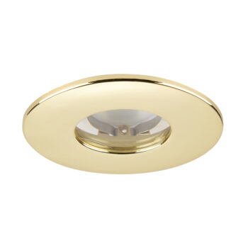 Saxby ShieldONE 75 brass bezel – IP65-rated downlight trim for bathrooms and wet rooms.