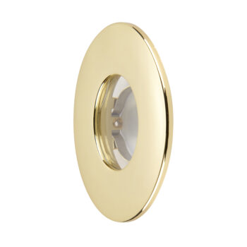 Saxby ShieldONE 75 brass bezel – IP65-rated downlight trim for bathrooms and wet rooms.