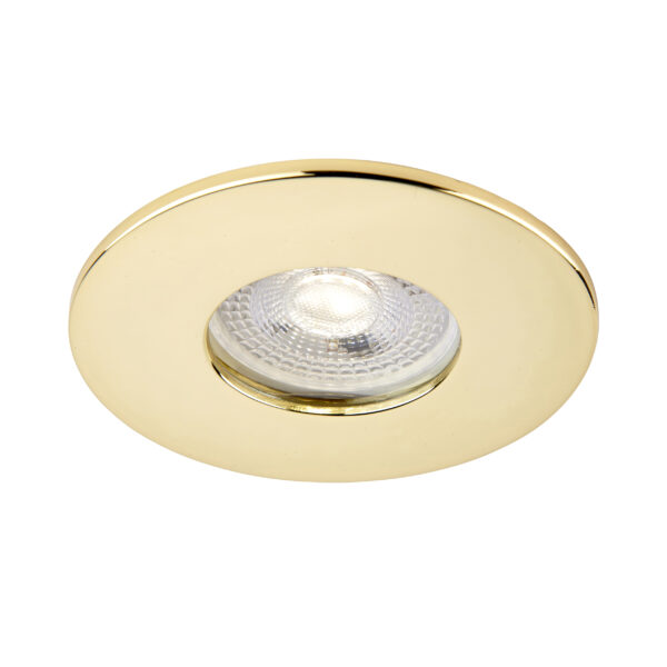 Saxby ShieldONE 75 brass bezel – IP65-rated downlight trim for bathrooms and wet rooms.