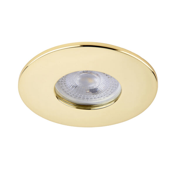 Saxby ShieldONE 75 brass bezel – IP65-rated downlight trim for bathrooms and wet rooms.