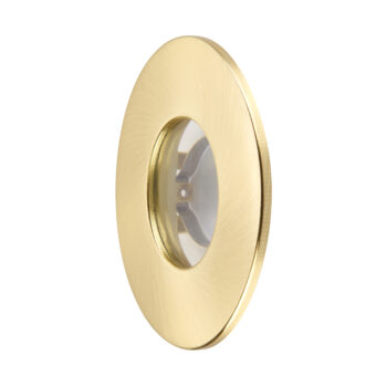 Satin brass IP65 bezel for Saxby ShieldONE 75 downlight – tool-free installation for bathroom and wet room ceilings.