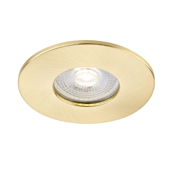 Satin brass IP65 bezel for Saxby ShieldONE 75 downlight – tool-free installation for bathroom and wet room ceilings.