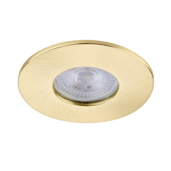 Satin brass IP65 bezel for Saxby ShieldONE 75 downlight – tool-free installation for bathroom and wet room ceilings.