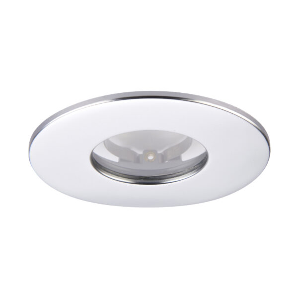Saxby ShieldONE 75 silver IP65 bezel – fixed downlight trim for bathrooms and wet zones.