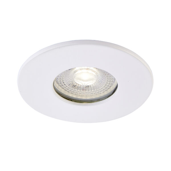 White IP65-rated bezel for Saxby ShieldONE 75 downlight – tool-free installation with 92mm coverage for bathroom-safe lighting