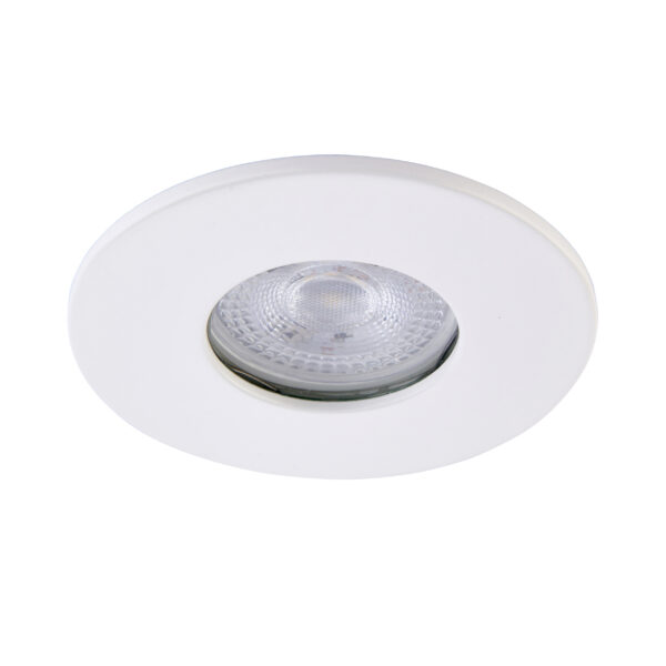 White IP65-rated bezel for Saxby ShieldONE 75 downlight – tool-free installation with 92mm coverage for bathroom-safe lighting