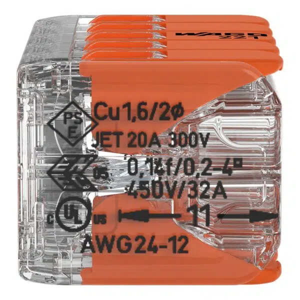 Wago 221-420 transparent 10-port lever connector for 0.2–4mm² wiring, featuring CAGE CLAMP® terminals for 32A, 450V applications.