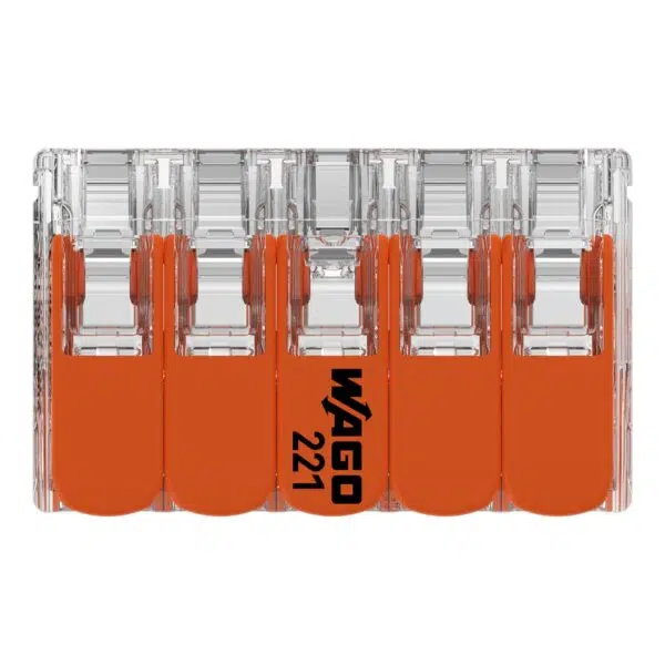 Wago 221-420 transparent 10-port lever connector for 0.2–4mm² wiring, featuring CAGE CLAMP® terminals for 32A, 450V applications.