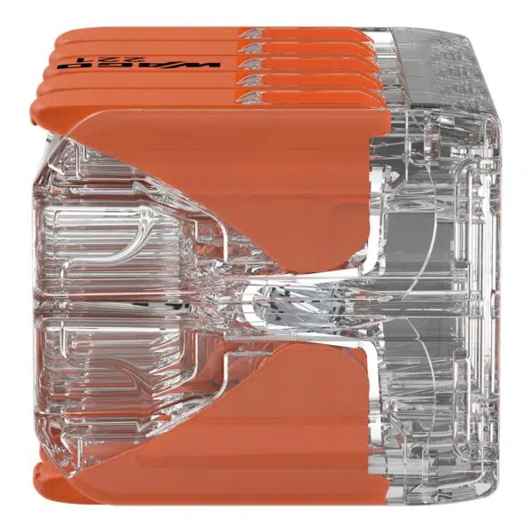 Wago 221-420 transparent 10-port lever connector for 0.2–4mm² wiring, featuring CAGE CLAMP® terminals for 32A, 450V applications.