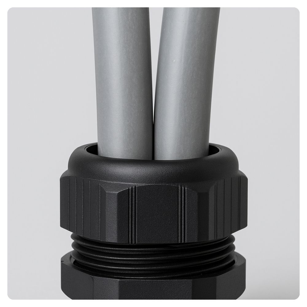 Close-up of a plastic cable gland with two grey 25mm² PVC meter tails entering a metal consumer unit.