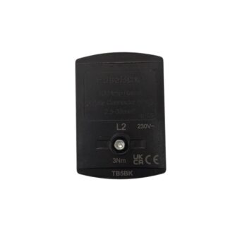 FuseBox TB5BK 100A black terminal block with IP20 protection and dual screw terminals, ideal for neutral or phase connections in single- and three-phase setups
