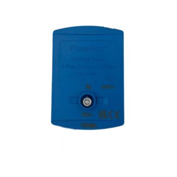 FuseBox TB5BL 100A blue terminal block with dual screw clamps and safety cover, ideal for neutral meter tail connections in consumer units and boards