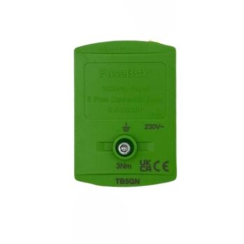 FuseBox TB5GN 100A green terminal block with dual screw connection and locking cover, used for earthing and bonding in modular meter setups.