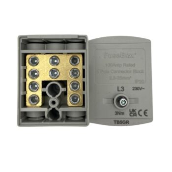 FuseBox TB5GR grey 100A terminal block with IP20 rating, dual screw clamps, and lockable cover – designed for Phase L3 meter tail terminations.